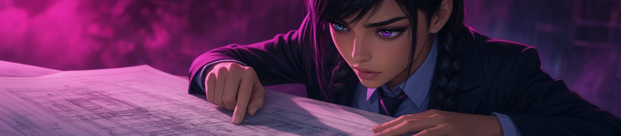 Anime-style wide banner of a young woman with long dark hair in twin braids, heterochromia eyes (one teal-blue, one vivid purple), wearing a dark blazer over a light blue collared shirt and dark tie with pink accents. She leans forward over a table, carefully inspecting detailed architectural blueprints spread out in front of her, one hand pointing at the plans. Dramatic magenta-purple neon lighting and soft atmospheric background.