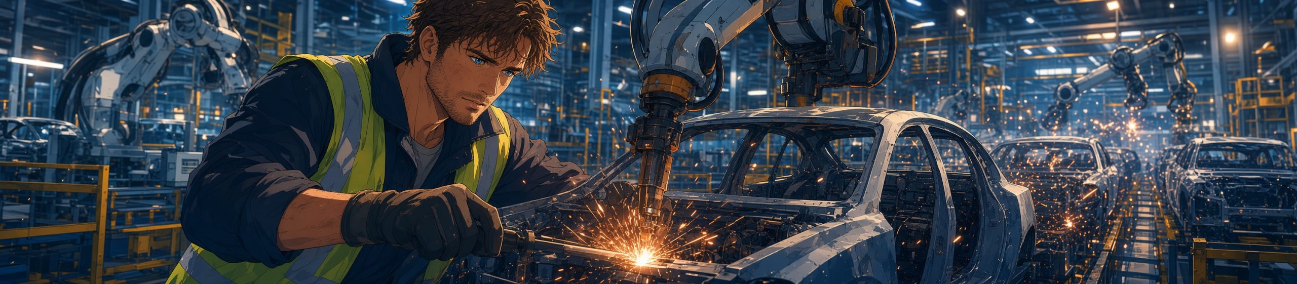 Anime-style ultra-wide banner of a focused mid-30s man with messy brown hair, blue eyes, freckles and light stubble, wearing a yellow high-visibility safety vest over dark work clothes and black gloves, welding a car chassis with sparks flying in a modern car manufacturing plant filled with robotic arms, assembly lines and industrial lighting.