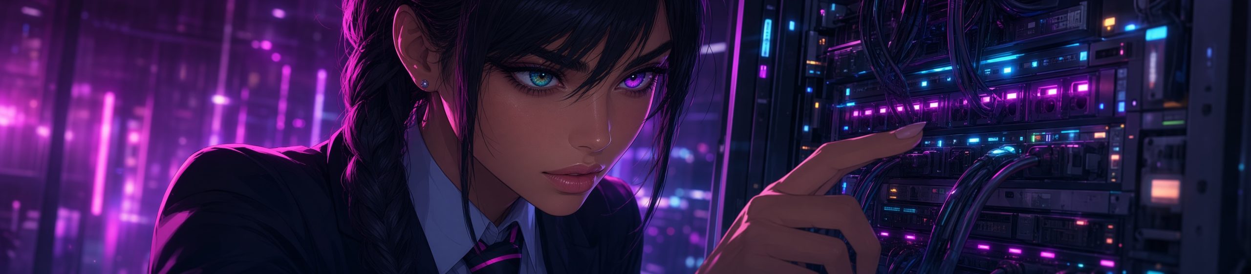 Anime-style banner illustration of a woman with long dark hair in a side braid, heterochromatic eyes (left eye teal-blue, right eye vivid purple), wearing a dark formal suit with a light shirt and pink-striped tie. She leans in closely, pointing at cables and ports on an open server rack filled with glowing purple and blue LED lights, set in a neon-lit cyberpunk data center.