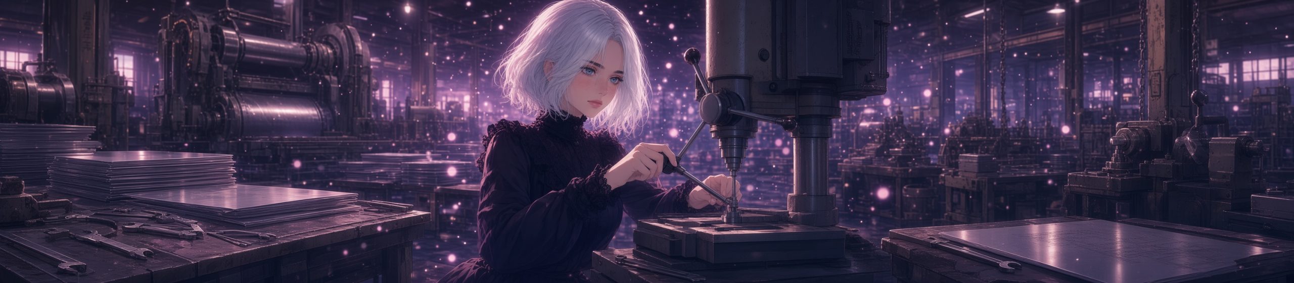 Anime-style young woman with short wavy silver-white hair and blue eyes, wearing a dark lace-trimmed high-collared blouse, carefully operating a large industrial drill press in a dimly lit sheet-metal workshop filled with stacks of metal sheets, machinery, tools, and soft purple-pink glowing particles.