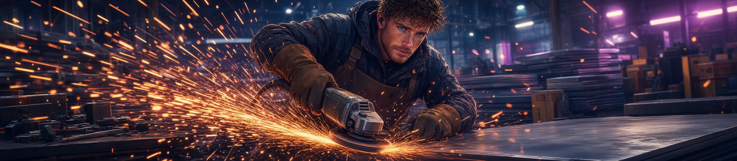 Anime-style wide banner of a mid-30s man with intense blue eyes, freckles, short beard, and wavy brown hair, wearing a dark work jacket, brown apron, and heavy gloves. He leans forward in a sheet-metal workshop, gripping a running angle grinder against a large metal sheet as bright orange sparks erupt and fly across the scene. Stacks of metal sheets, industrial tools, and purple workshop lighting fill the background.