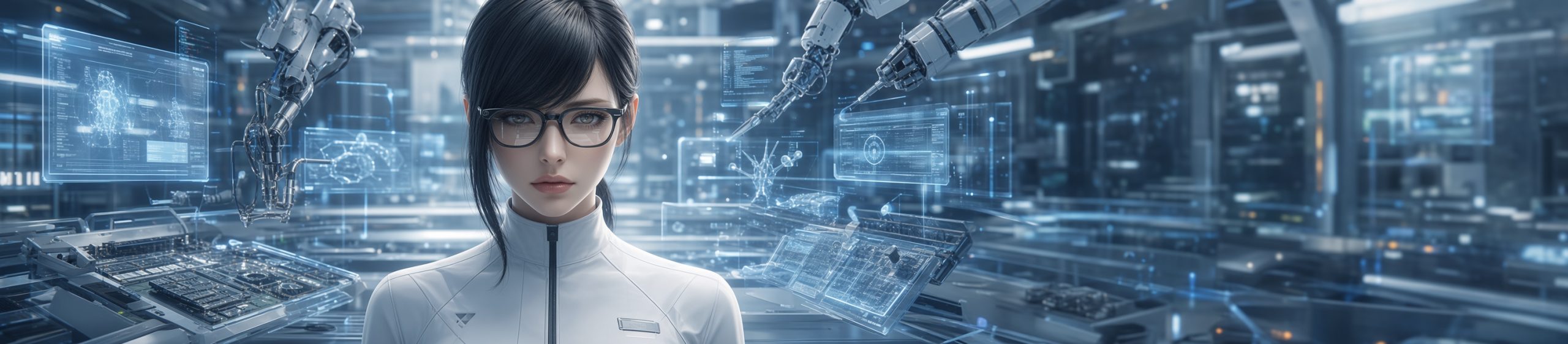 Anime-style ultra-wide banner of a calm, meticulous young woman with long black hair, side-swept bangs, and black-rimmed glasses. She wears a sleek white high-collar engineering jumpsuit and stands centered in a futuristic high-tech laboratory filled with glowing blue holographic screens, circuit diagrams, robotic arms, and floating data interfaces.