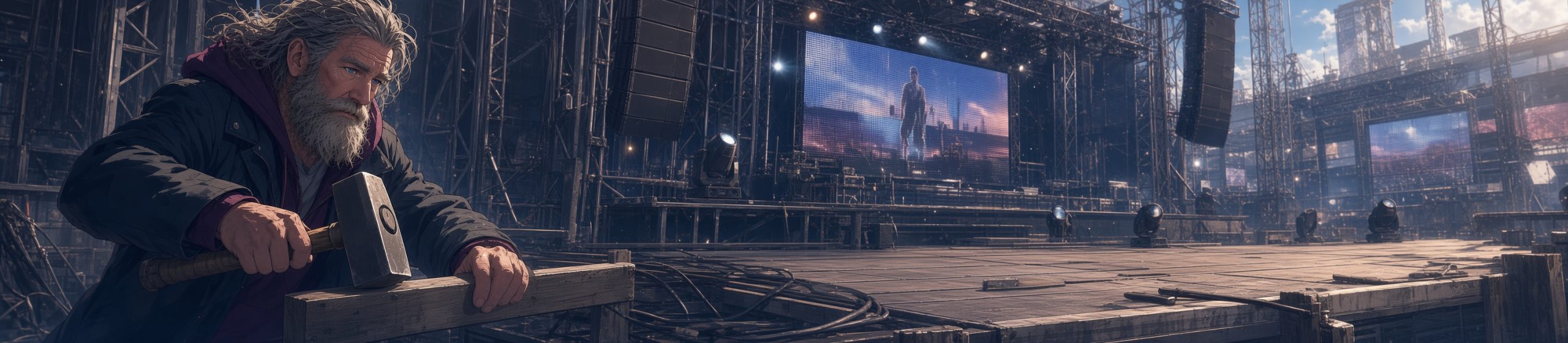 Wide anime-style banner of a weathered older man with long messy gray hair, thick gray beard, and blue eyes, wearing a dark jacket over a purple hoodie. He stands on the left holding a large sledgehammer and leaning on a railing while building a modern metal concert stage. The expansive stage behind him features steel scaffolding, trusses, large LED screens, speaker arrays, stage lights, and a professional entertainment setup under a bright sky.