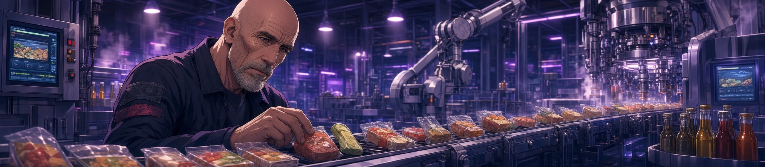 Anime-style wide banner of a bald, weathered older man with a short gray beard and intense expression, wearing a dark work shirt with a shoulder patch, leaning forward to carefully inspect sealed food packages on a long conveyor belt. The high-tech factory background features purple neon lighting, robotic arms, hanging industrial lights, control monitors, steam, and rows of packaged foods and bottles stretching into the distance.