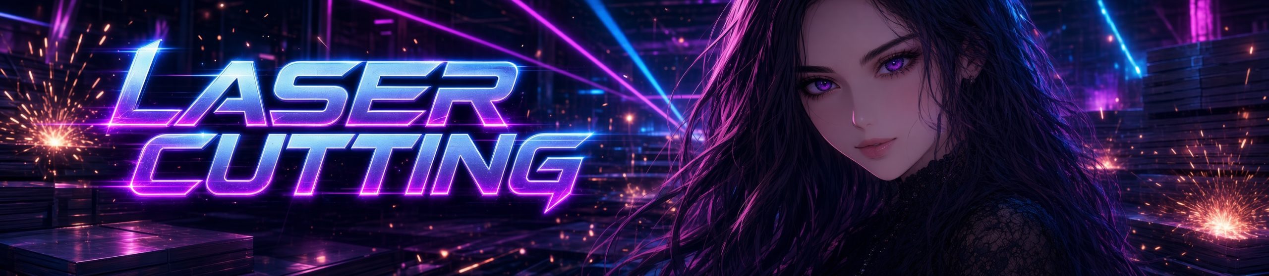 Wide anime-style banner for a laser cutting service. Large glowing cyan-to-magenta neon text reading “LASER CUTTING” dominates the left side. On the right is a young woman with long wavy dark hair, purple eyes, fair skin, and a black lace top, looking toward the viewer. Dark industrial workshop background with stacked metal sheets, bright sparks, and crossing blue and purple laser beams.