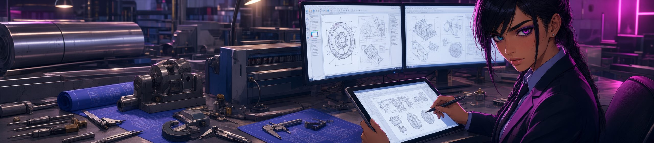Anime-style banner of a professional woman with dark braided hair, sharp features, and striking purple eyes, wearing a dark suit and light shirt. She sits at a desk in a sheet metal workshop, focused on a tablet while drawing detailed CAD designs of metal parts with a stylus. Dual computer monitors behind her display technical engineering drawings. The workspace is filled with blueprints, precision tools, measuring instruments, machinery, and rolled steel, lit by cool industrial lights mixed with neon pink and purple glow.