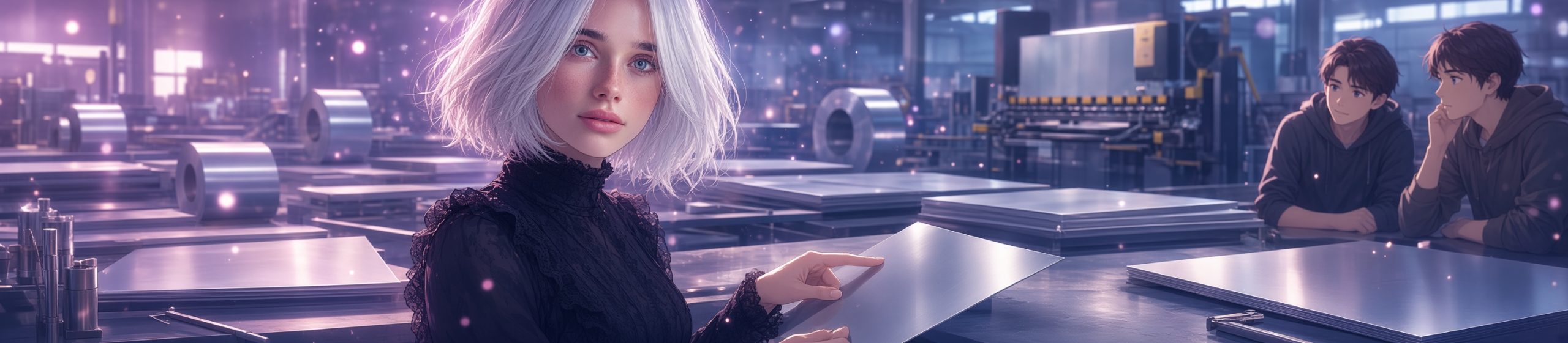 Wide anime-style banner of a young woman with short wavy silver-white hair, freckles, and blue eyes, wearing a black high-neck lace top. She stands at a workbench in a sheet-metal workshop, holding and pointing to a flat silver metal sheet while explaining it. Stacks of metal sheets, large metal coils, and industrial machinery fill the background under soft purple-pink lighting with floating light particles. Two young men in hoodies stand to the right, attentively watching and listening.