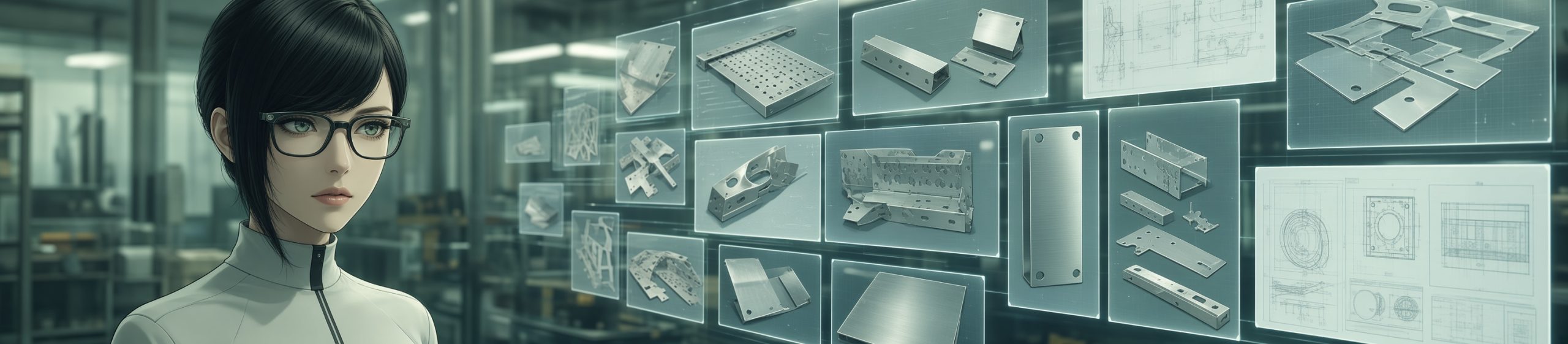 Anime-style wide banner of a young woman with short black hair, black-rimmed glasses, and a white high-collar zippered top standing on the left, looking attentively toward a large holographic gallery of sheet-metal parts on the right. The floating panels display various precision-cut metal brackets, perforated plates, folded components, technical blueprints, and industrial fabrication drawings against a soft teal-green workshop background.