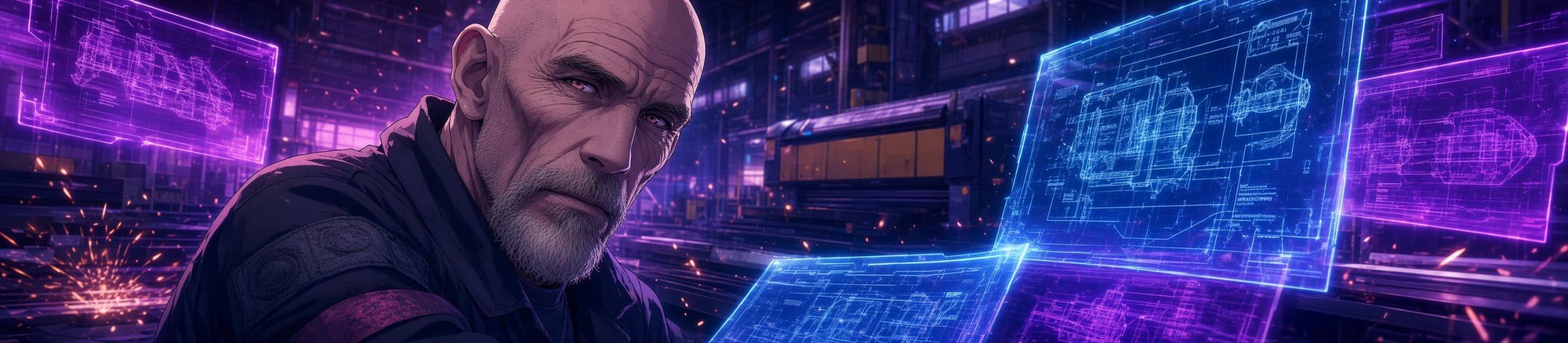 Anime-style ultrawide banner (1670×372) for a sheet metal workshop. A bald older man with a short gray goatee, deep facial wrinkles, and a serious expression wears a dark industrial work jacket. He looks intently at large glowing holographic technical schematics of industrial laser cutters floating in front of him. The background is a high-tech metal fabrication shop with laser machines, metal sheets, flying sparks, and purple/magenta–cyan neon lighting.