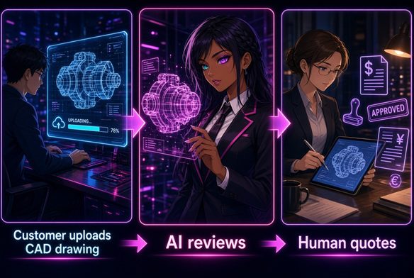 Anime-style cyberpunk banner in neon purple and blue tones showing a three-step workflow. Left panel: a man in a suit uploads a glowing blue holographic CAD model of a mechanical part on a computer, with an “UPLOADING… 78%” progress bar. Center panel: a woman with long black braided hair, heterochromatic eyes (one blue, one purple), and a dark suit with pink accents closely examines a pink holographic version of the same CAD model. Right panel: a woman with glasses and a bun reviews the CAD drawing on a tablet while preparing a quote, surrounded by floating “APPROVED” stamps, currency symbols, and documents. Glowing arrows connect the panels, with labels underneath reading “Customer uploads CAD drawing → AI reviews → Human quotes.