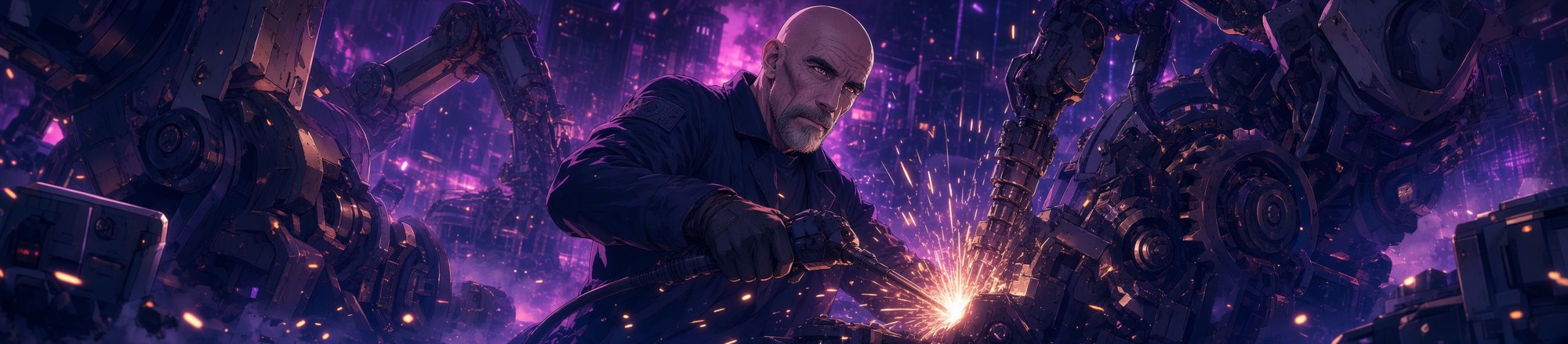 Anime-style wide banner of a bald older man with a short gray beard and intense expression, wearing a dark industrial work jacket. He is welding a large complex industrial machine, sparks flying from his tool. Massive robotic arms and heavy mechanical equipment surround him in a purple-and-pink neon-lit cyberpunk factory.