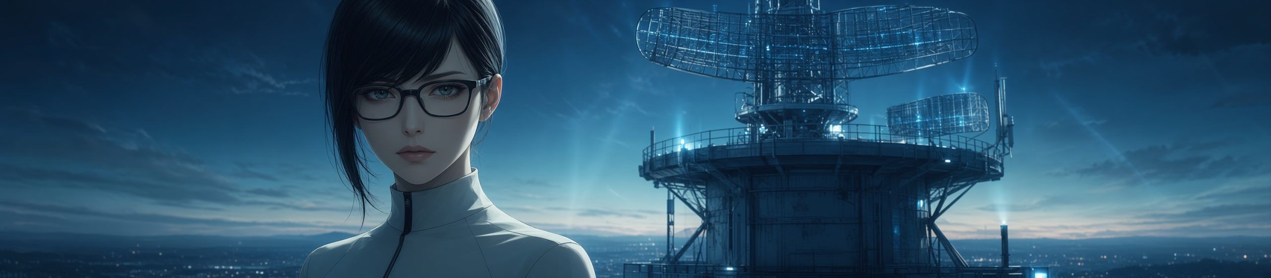 Anime-style ultra-wide banner (1670×372) of a quiet, meticulous female AI archivist in her mid-30s. She has sleek black hair with soft side-swept bangs, rectangular glasses, pale skin, and a calm serious expression. She wears a white high-collar turtleneck with a black zipper. Positioned on the left third of the image, she stands near a tall futuristic lattice radar tower with rotating dishes and glowing blue sensor arrays. Soft cool-toned twilight lighting, subtle sci-fi atmosphere, detailed anime linework and cel-shading, with a clean background showing a distant horizon and soft volumetric light.