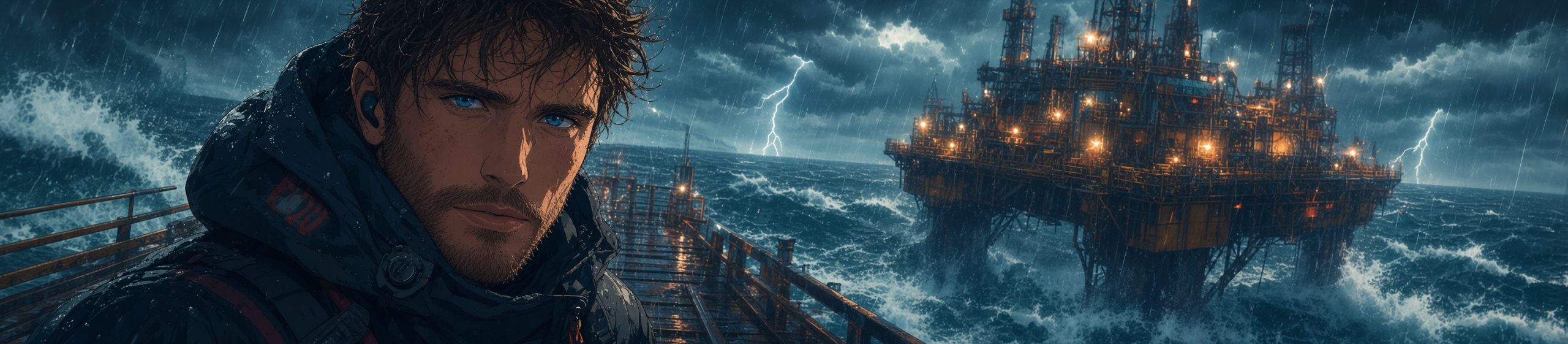 Anime-style wide banner of a determined man in his mid-30s with wet, messy dark curly hair, intense blue eyes, freckles, and light stubble. He wears a dark hooded jacket with red accents and stands in the left foreground on a rain-slicked metal walkway over a stormy ocean. Behind him, a massive illuminated offshore oil rig rises from turbulent waves under a dark, rainy sky with flashes of lightning.