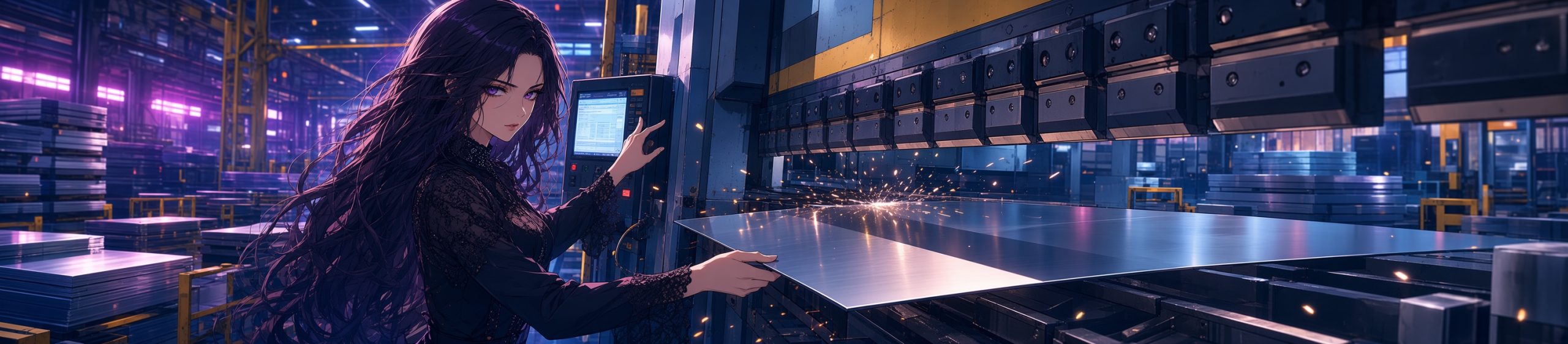 Anime-style panoramic banner of a young woman with long flowing dark purple hair and intense purple eyes, wearing a black lace top, operating a large Amada CNC sheet-metal press brake in a modern industrial workshop. She stands at the control panel guiding a metal sheet as sparks fly, with stacks of sheet metal and blue-purple workshop lighting in the background.