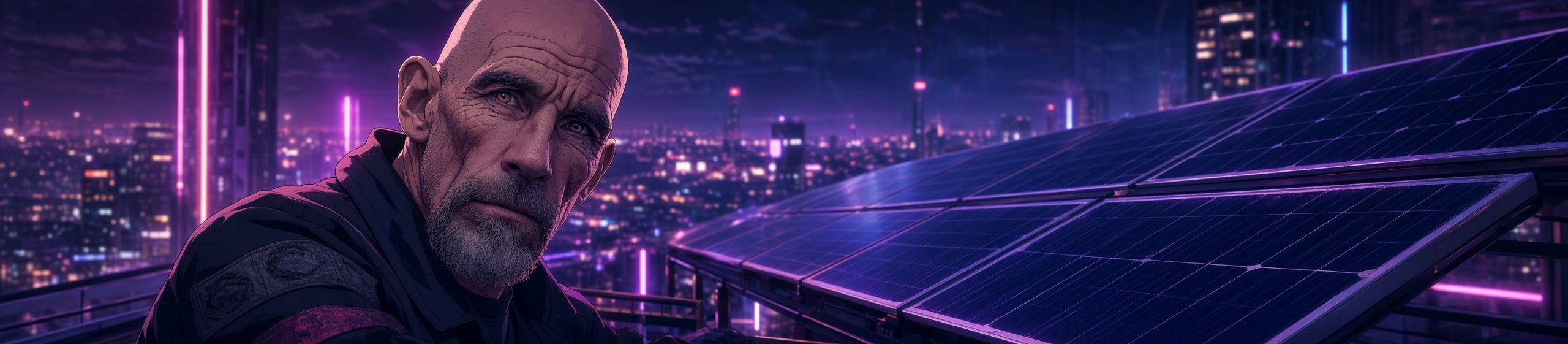 Anime-style wide banner of a bald, weathered older man with deep wrinkles, intense eyes, and a short gray beard, wearing a dark industrial jacket. He stands on a rooftop beside large solar panel arrays, looking toward the viewer. Behind him stretches a glowing cyberpunk cityscape at night with purple and pink neon lights reflecting off the panels and skyline.