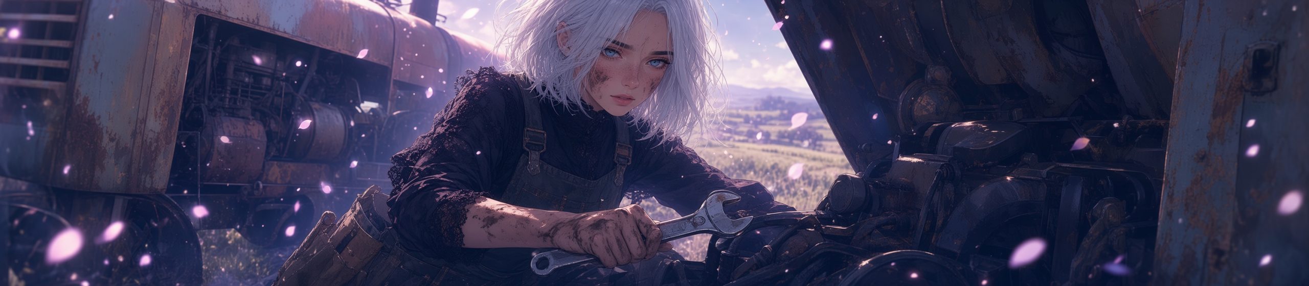Anime-style wide banner of a young woman with short wavy silver-white hair, freckles, and blue eyes. She wears a black lace high-collar top under dirty overalls, her face and hands smudged with grease. She leans into the open engine of a large rusty blue tractor, gripping a wrench as she repairs it. Soft purple-pink light, floating pink petals, and a rural field landscape stretch across the ultra-wide scene.