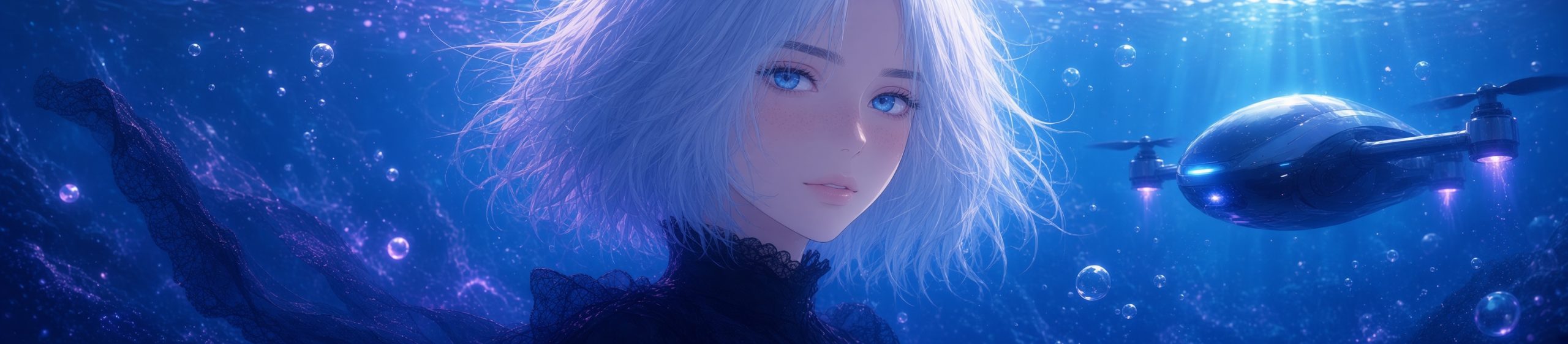 Anime-style wide banner (1670×372) of a young woman with flowing silver-white hair, large blue eyes, freckles, and a black lace high-neck top, floating underwater in a deep blue ocean filled with bubbles, purple light particles, and sun rays filtering from above. A sleek black subsea drone with glowing blue and purple lights hovers to her right.