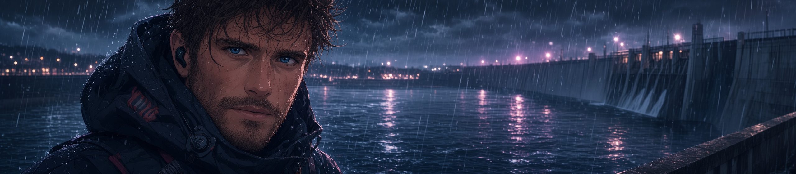 Anime-style ultra-wide web banner of a mid-30s man with wet messy dark brown hair, intense blue eyes, light stubble, and raindrops on his face and black hooded tactical jacket, standing near a large outdoor water reservoir at night in heavy rain. Concrete dam walls and reflective water surface stretch across the scene under dark cloudy skies with distant city lights and purple-blue bokeh.