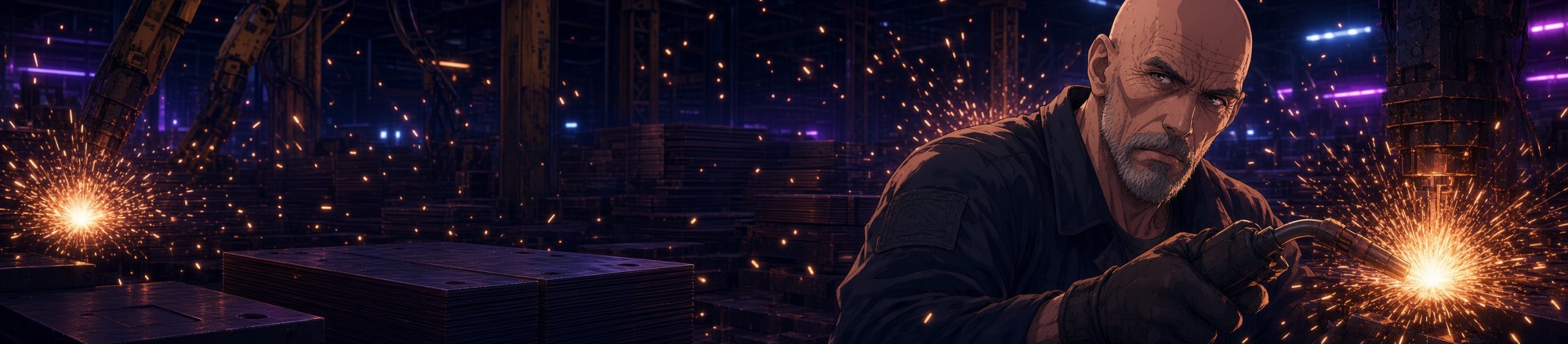 Anime-style wide banner illustration of a bald, middle-aged man with a short gray beard and serious expression, wearing a dark work jacket and gloves, actively welding with a torch that produces bright orange sparks in a dimly lit sheet metal workshop filled with stacked metal plates, industrial machinery, and robotic arms.